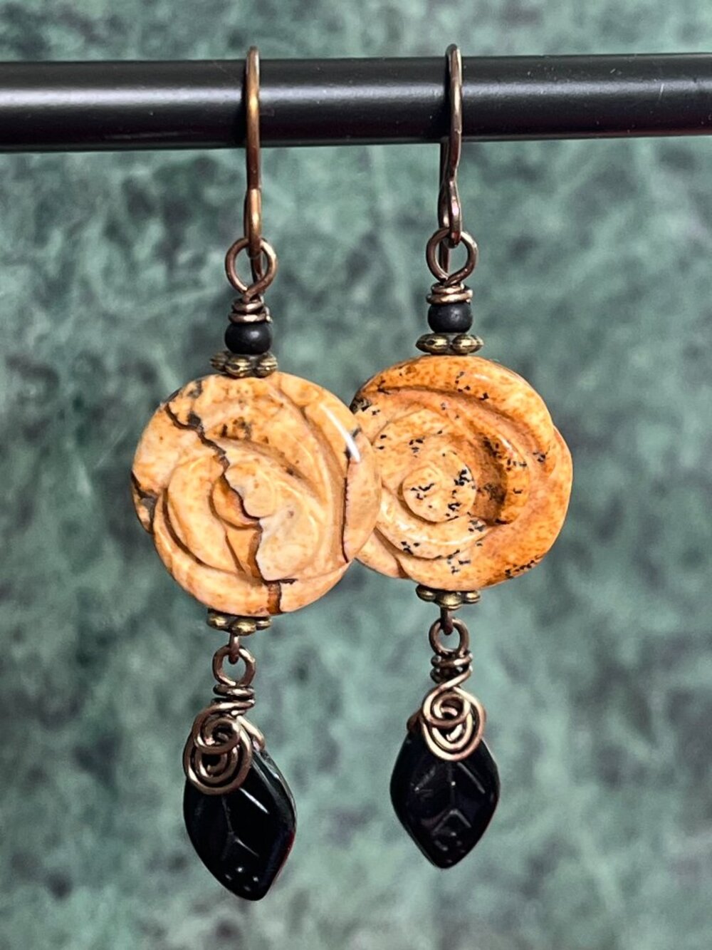 Picture Jasper Rose Earrings with Black Czech Glass Leaf Dangles